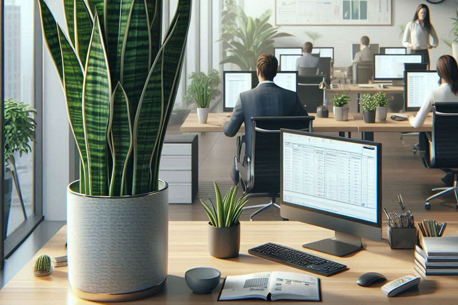 Ki-generiertes Bild einer Büroumgebung, in der einige sukkulente Pflanzen wie Bogenhanf stehen.