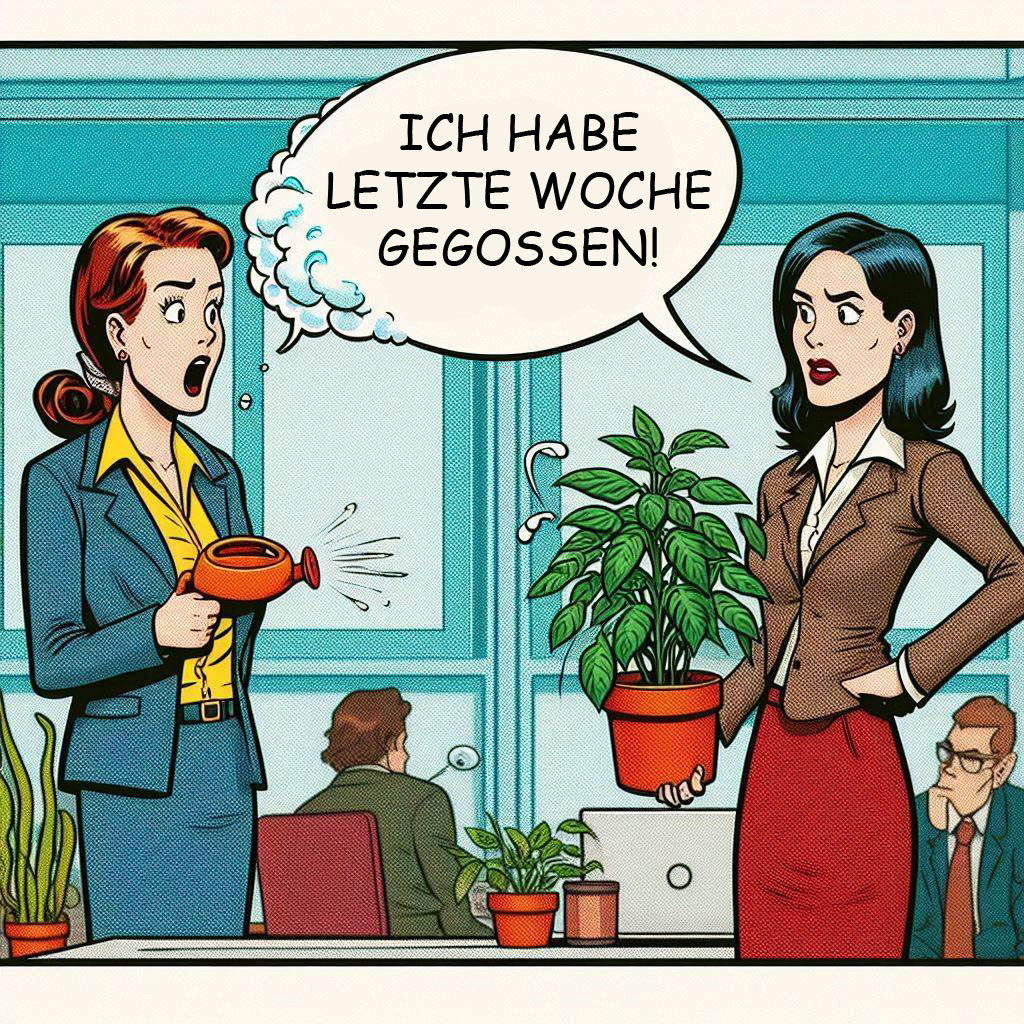 Comic - zwei Damen streiten sich im Büro darüber, wer diese Woche die Pflanzen gießen muss. Die eine Frau sagt: Ich habe letzte Woche gegossen!