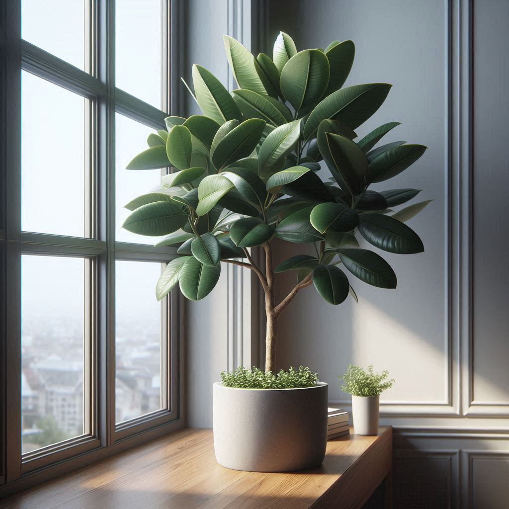 Der Gummibaum ist eine sehr geeignete halbsukkulente Büro-Pflanze. Auf dem KI-generierten Bild ist ein großes Exemplar zu sehen, was direkt am Fenster steht.