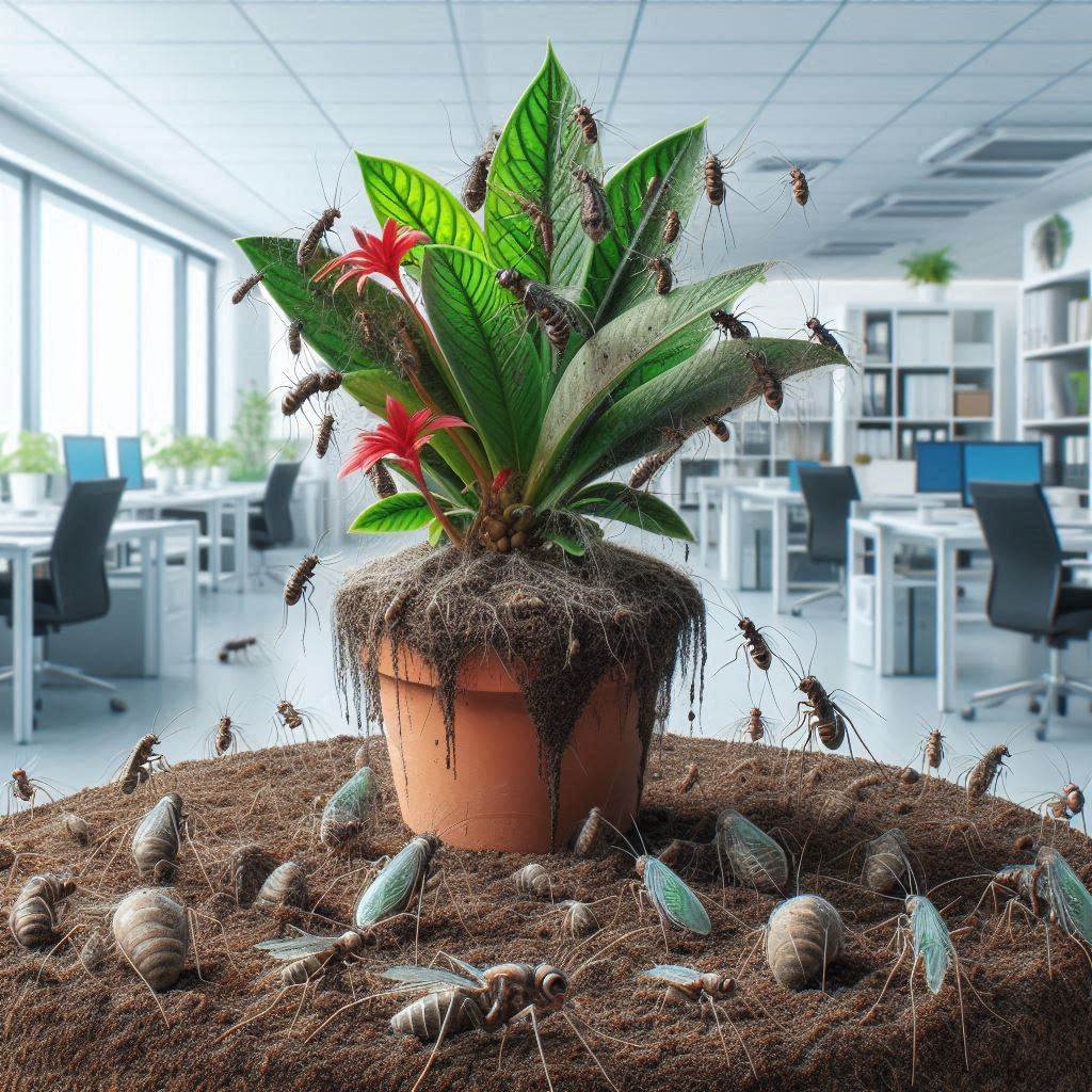 Überspitztes (KI-generiertes) Bild einer Büropflanze, an der hunderte von Käfern krabbeln und das Büro verseuchen.